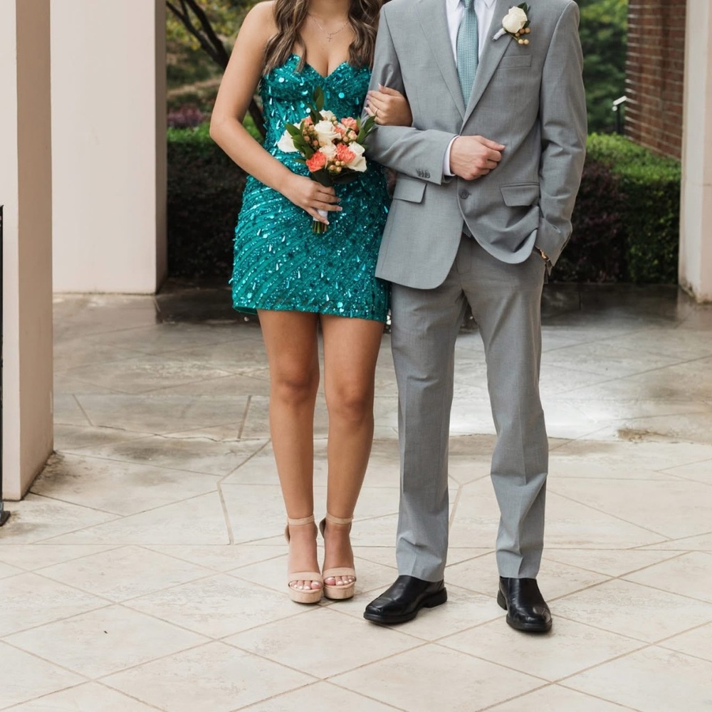 Sherri Hill Turquoise Sequin Strapless Dress